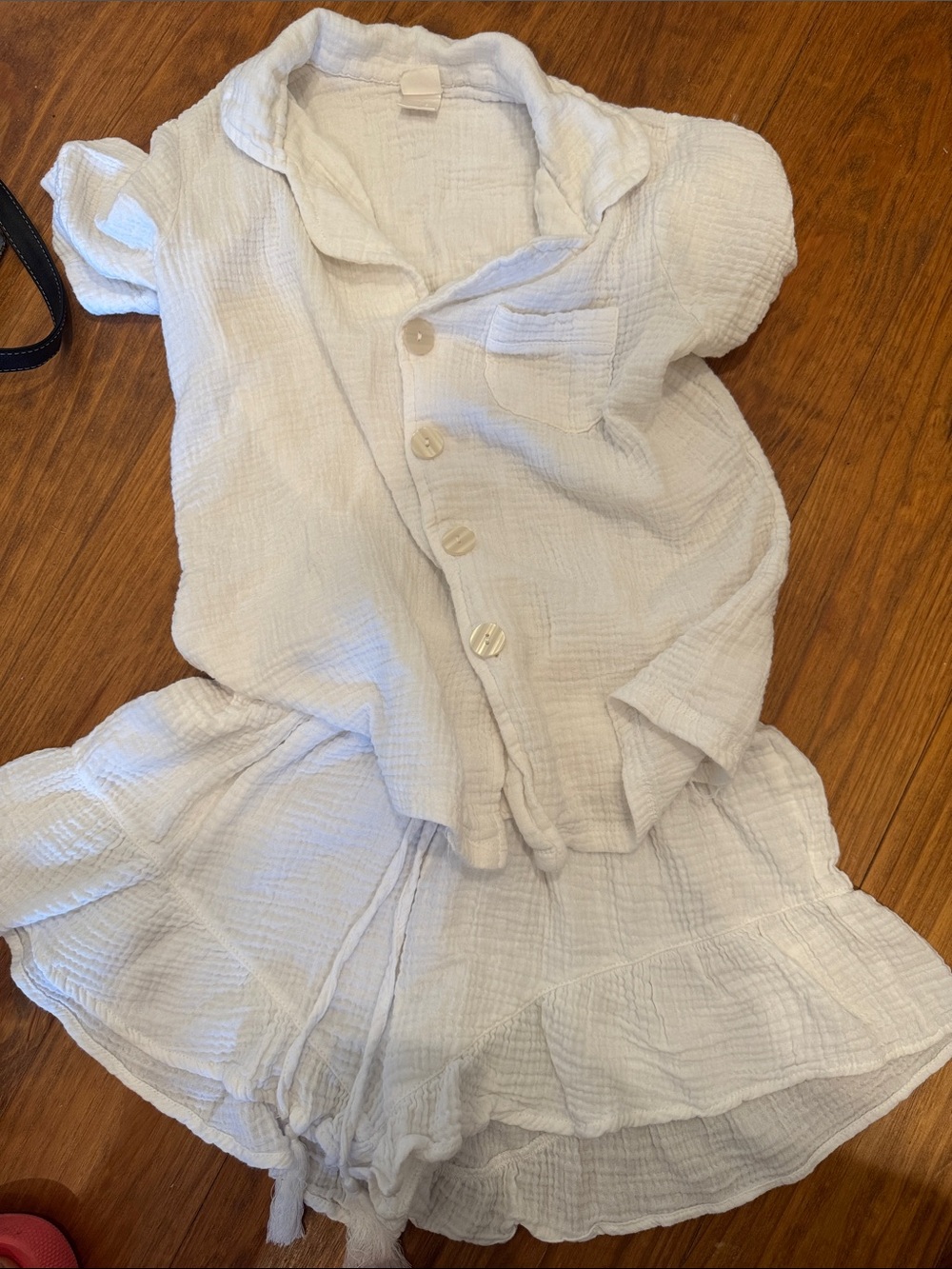 White Gauze Button Front Top & Ruffle Shorts Set